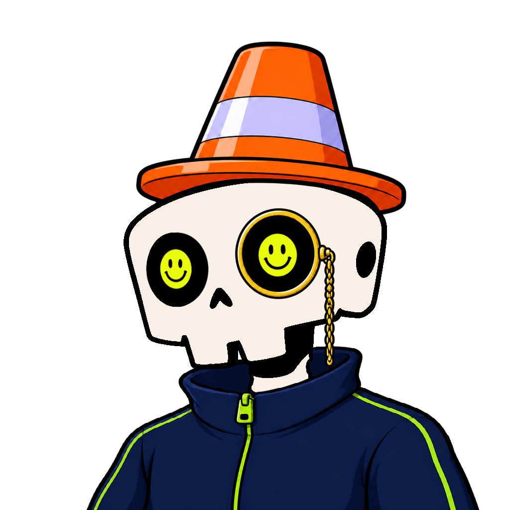 Bonehead wearing a traffic cone and tracksuit